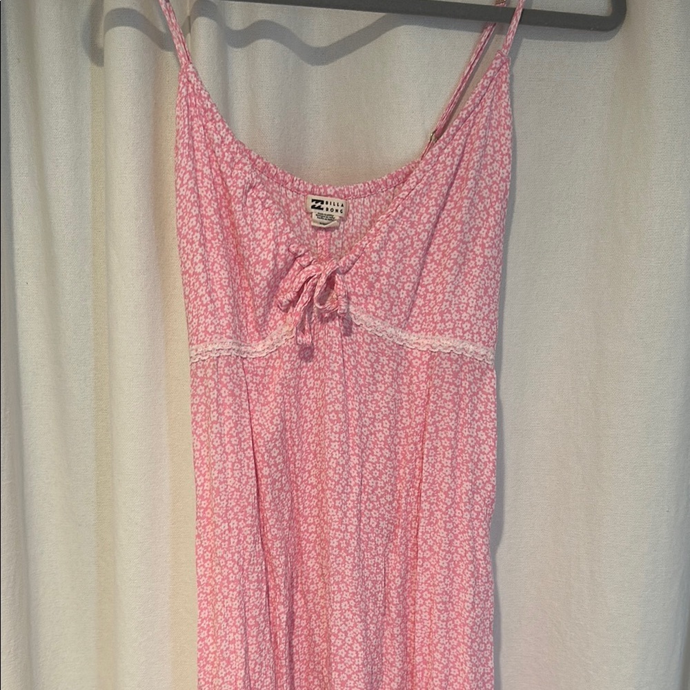 Billabong Pink and White Midi Dress with Lace-Up Detail